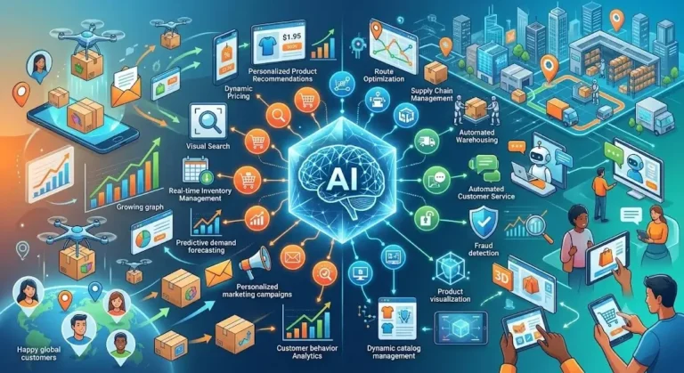 تطبيقات الذكاء الاصطناعي في التجارة الإلكترونية: أكثر من 20 استخدامًا يزيد المبيعات ويخفض التكاليف (دليل 2026)